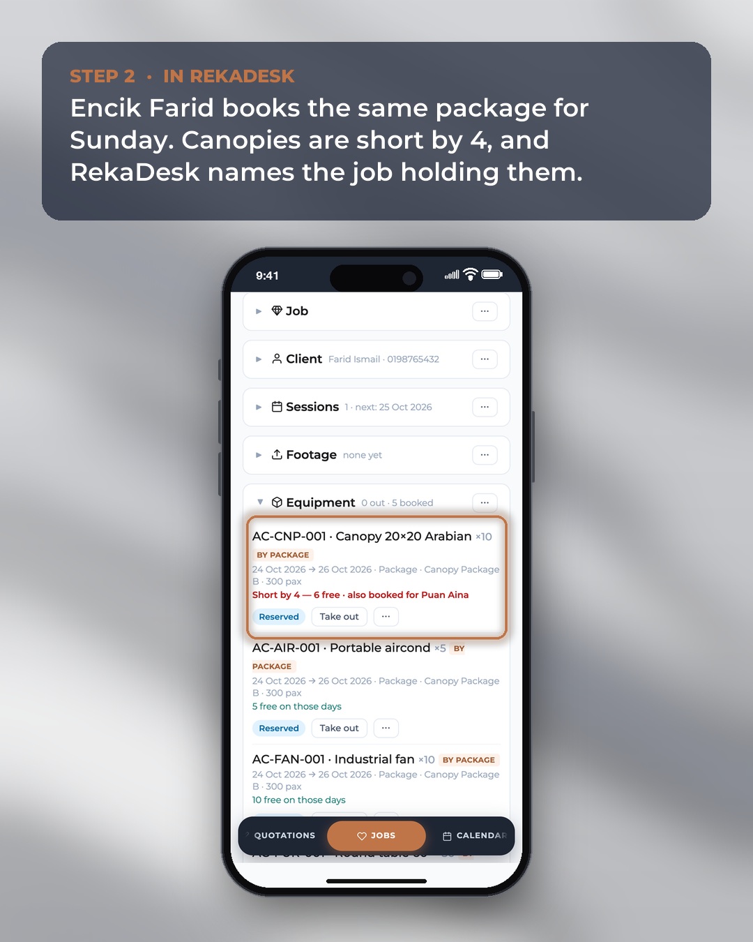 A job in RekaDesk showing canopies short by four for a weekend