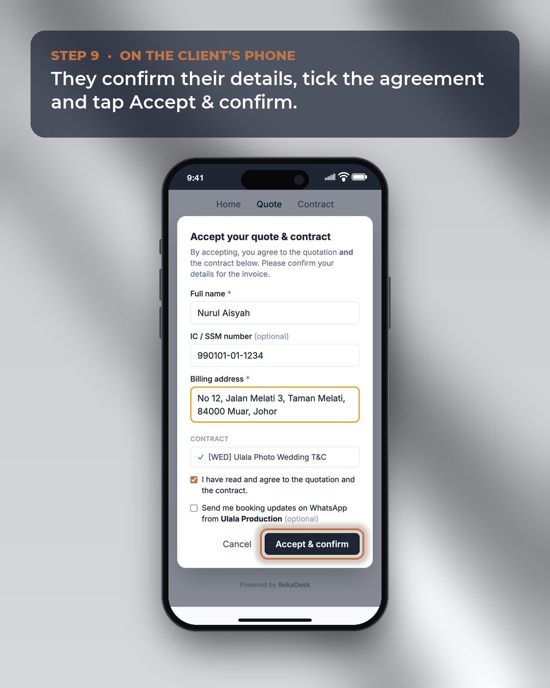 A client accepting a quotation and contract on their phone