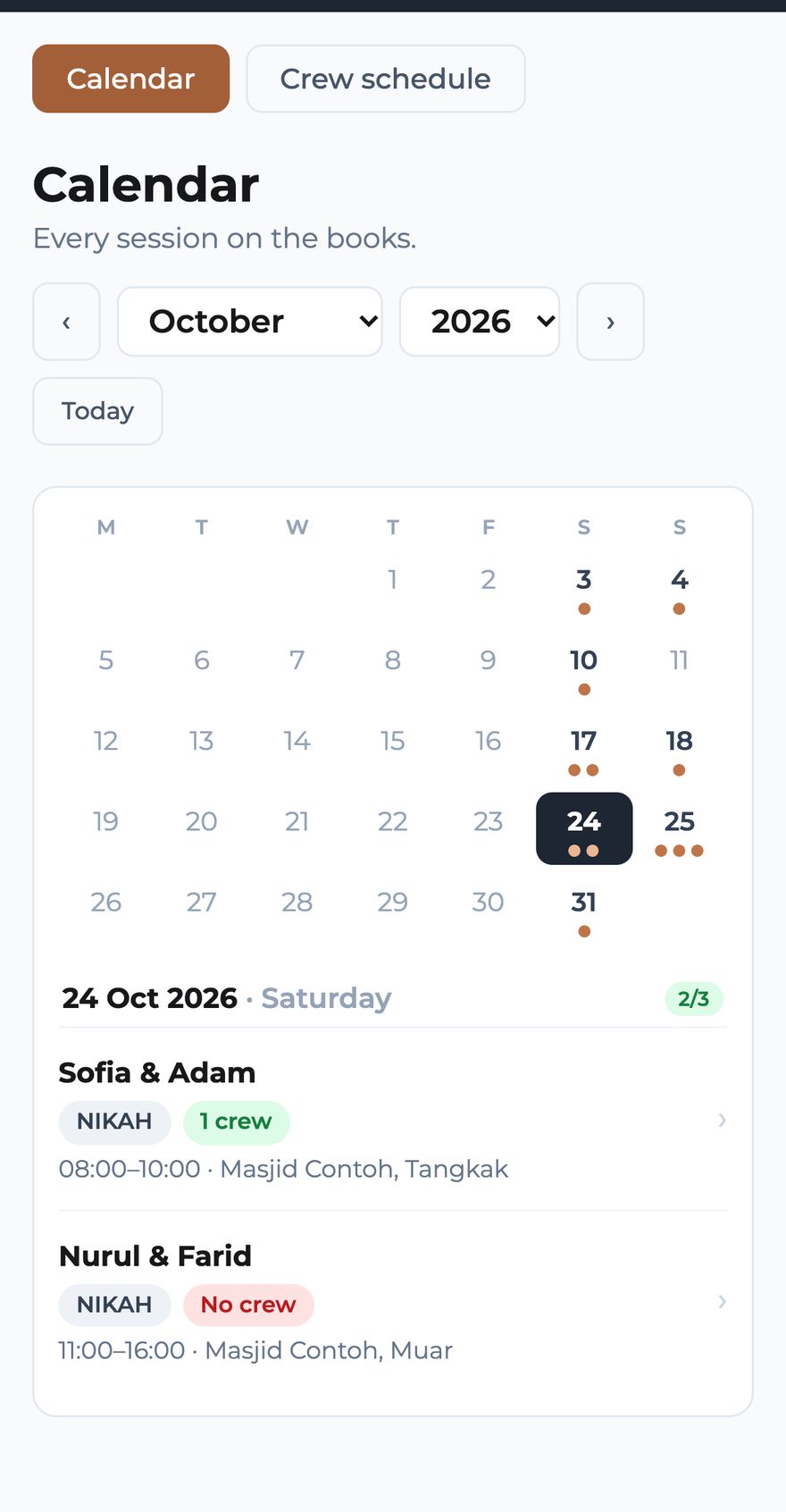 The RekaDesk calendar: each booked day shows its jobs against your teams