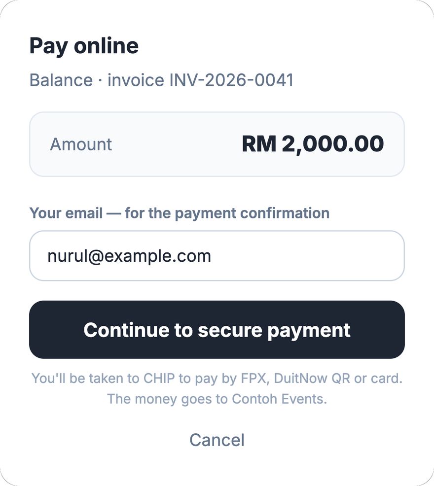 The client’s Pay online screen: FPX, DuitNow QR or card, secure checkout by CHIP