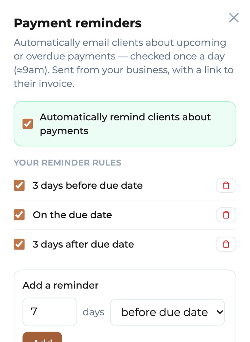 RekaDesk payment reminder rules: 3 days before, on the due date and 3 days after