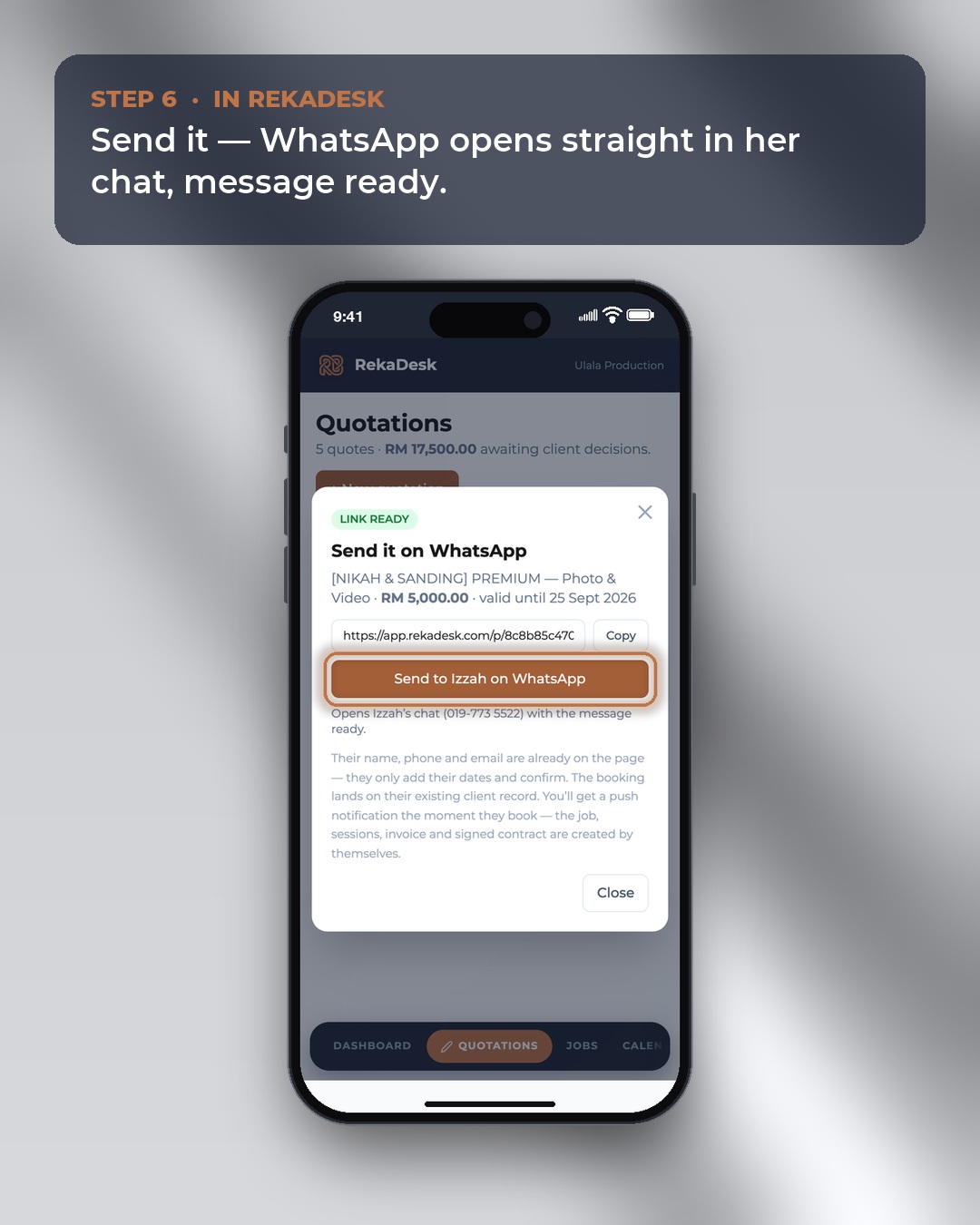 A booking link for a makeup booking in RekaDesk