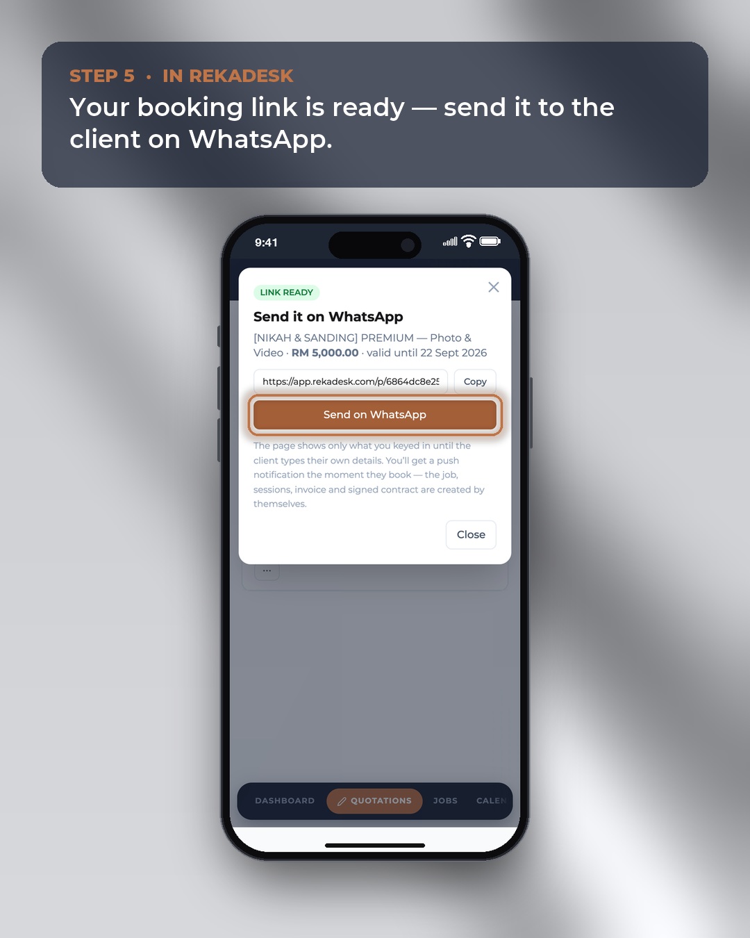 A booking link ready to send from RekaDesk