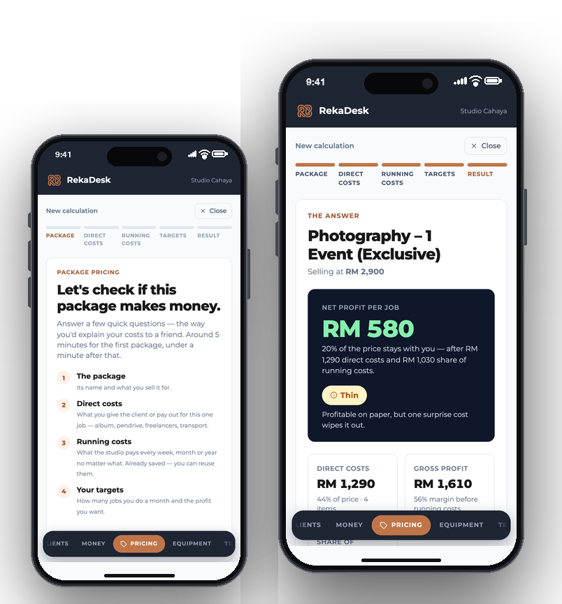 The Pricing Calculator on a phone: the first question, and the answer screen showing a verdict